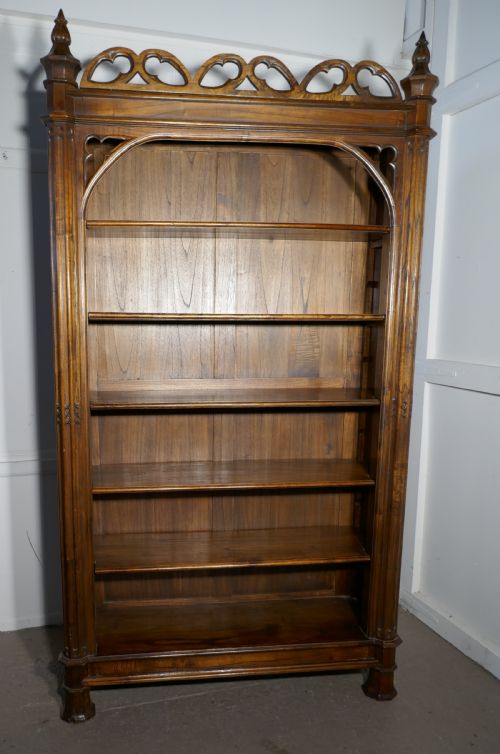Arts and Crafts Pugin Inspired Tall Carved Gothic Open Book Case