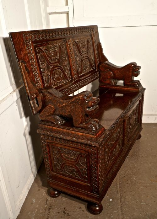 19th Century Carved Oak Monks Bench Settle, Hall Table