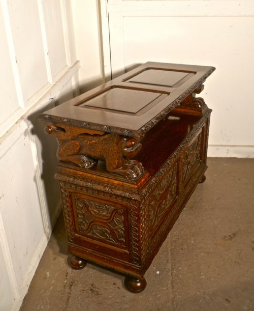 fig 3. 19th Century Carved Oak Monks Bench Settle, Hall table