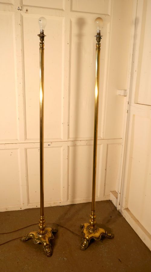 Pair of Tall Heavy Floor Lamps, Brass Arts and Crafts Standard Lamps   

