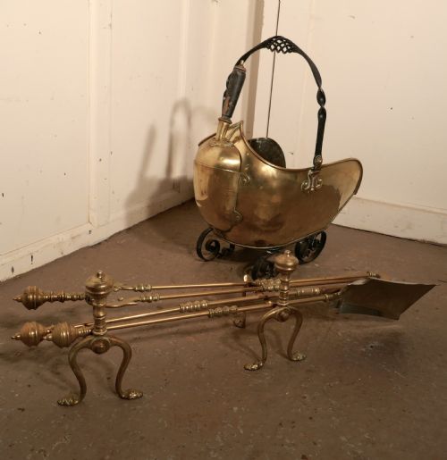 Arts and Crafts Brass Helmet Coal Scuttle and Companion Set