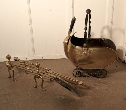 fig 1. Arts and Crafts Brass Helmet Coal Scuttle and Companion Set