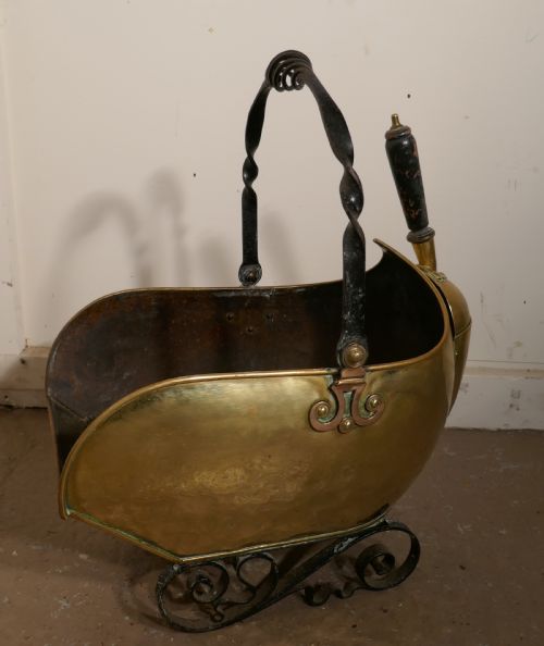 fig 3. Arts and Crafts Brass Helmet Coal Scuttle and Companion Set