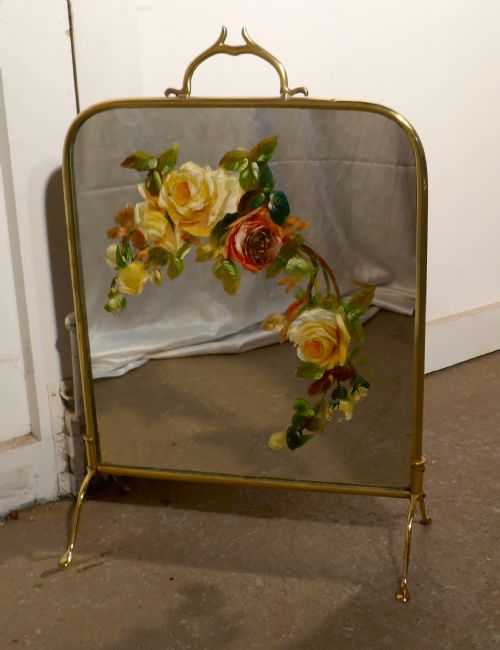 A Victorian Brass and Roses Painted Mirror Fire Screen