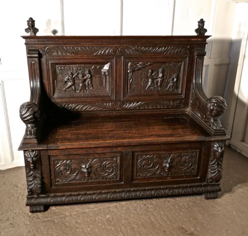 19th Century Gothic Oak Green Man Box Settle, Carved with Resting Lions