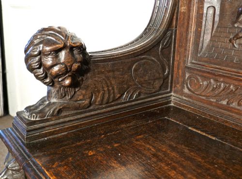 fig 2. 19th Century Gothic Oak Green Man Box Settle, Carved with Resting Lions
