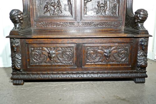 fig 3. 19th Century Gothic Oak Green Man Box Settle, Carved with Resting Lions