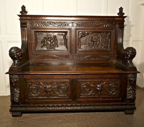 fig 4. 19th Century Gothic Oak Green Man Box Settle, Carved with Resting Lions