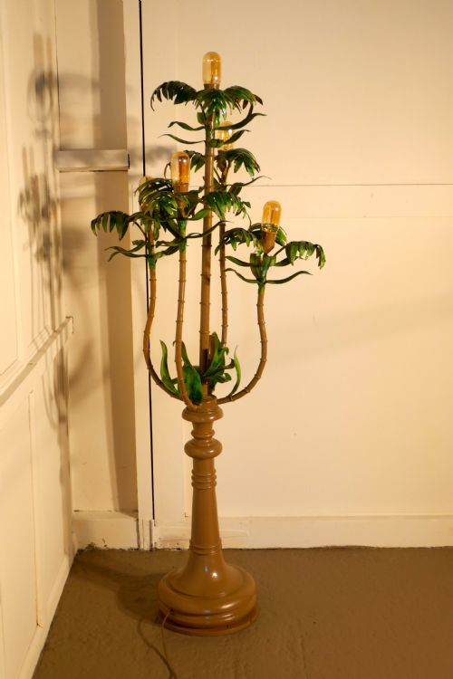 A Tall Unusual French Conservatory Painted Toleware Floor Lamp