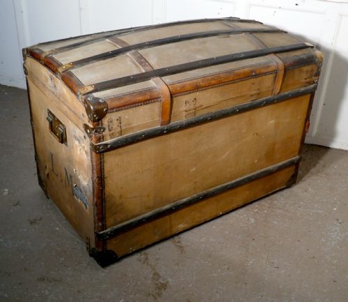 fig 1. A Large 19th Century French Canvas Dome Top Travel Trunk, Lion Brand