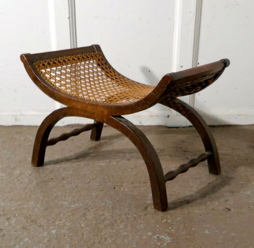 19th Century French Oak X Frame Stool, with Flat Caned Seat
