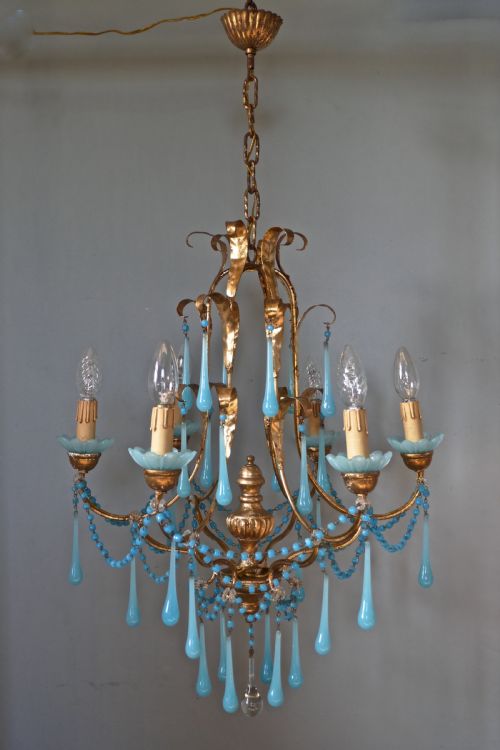 French Gilt-wood and Toleware Turquoise Opaline Glass 6 Branch Chandelier
