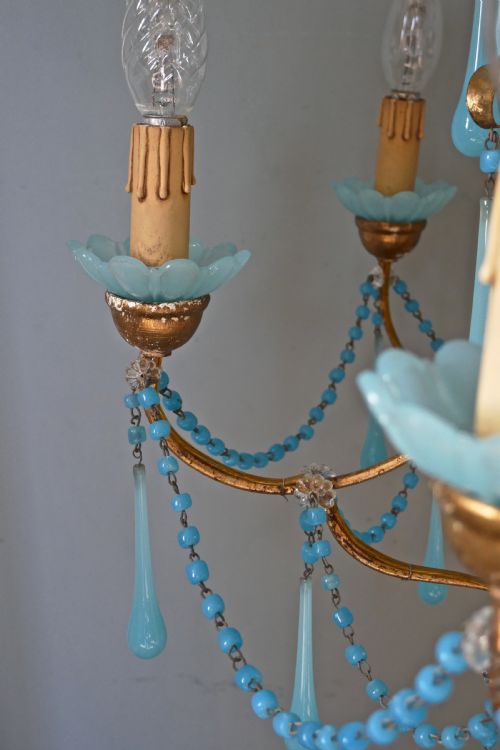 fig 1. French Gilt-wood and Toleware Turquoise Opaline Glass 6 Branch Chandelier