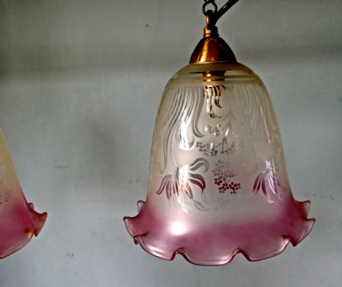 fig 1. A pair of Large Glass Ceiling Lights with Etched, Pink and Clear Pendant Lampshades