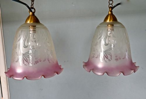 fig 2. A pair of Large Glass Ceiling Lights with Etched, Pink and Clear Pendant Lampshades