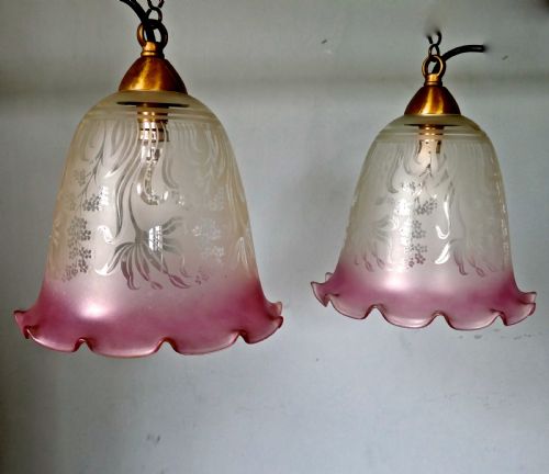 fig 3. A pair of Large Glass Ceiling Lights with Etched, Pink and Clear Pendant Lampshades