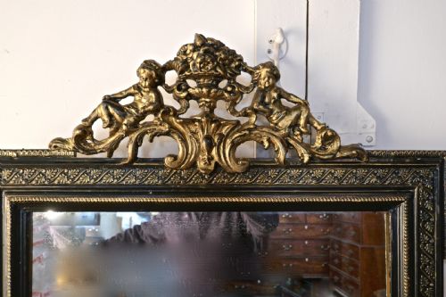 fig 1. Large French Ebonised and Gilt Wall Mirror, Reclining Cherubs Crest 