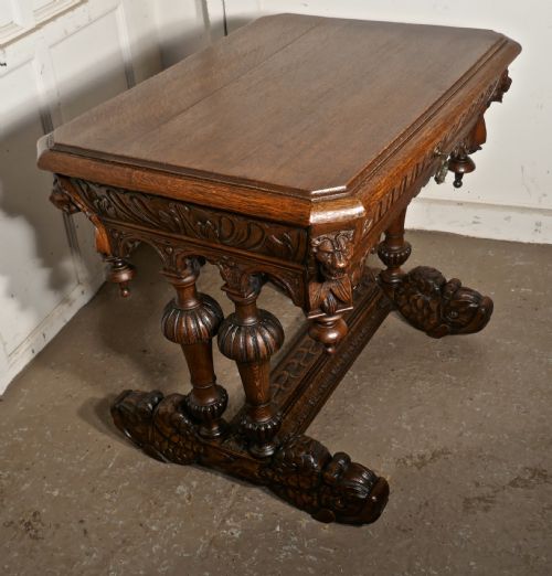fig 1. 19th Century Green Man Carved Golden Oak Hall or Centre Table