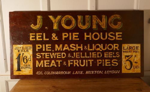 Large Painted Wooden Advertising Sign, Youngs London Eel and Pie Shop