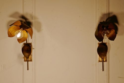 A Pair of French Art Deco Toleware Sunflower Wall Lights