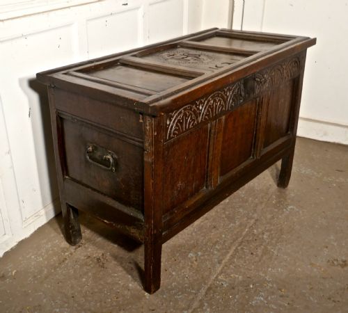 A Small Early 17th Century Carved Oak Coffer, 1621