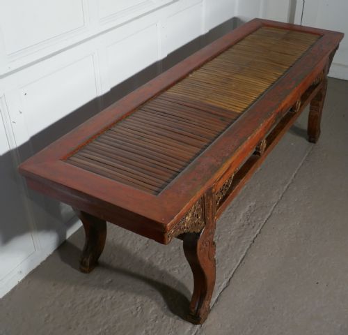 Oriental Long Low Table, Red Lacquered & Bamboo Coffee Table