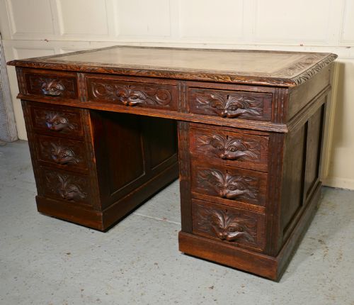 Victorian Green Man Carved Oak Pedestal Desk