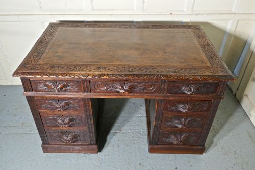 fig 1. Victorian Green Man Carved Oak Pedestal Desk
