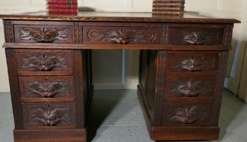 fig 2. Victorian Green Man Carved Oak Pedestal Desk