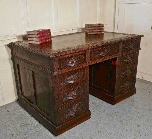 fig 4. Victorian Green Man Carved Oak Pedestal Desk