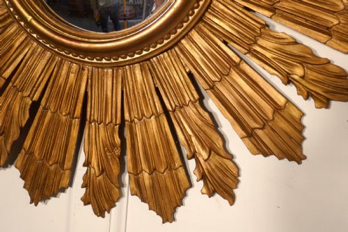 fig 1. French Carved Wood Art Deco Odeon Style Sunburst-Starburst Convex Gilt Mirror
