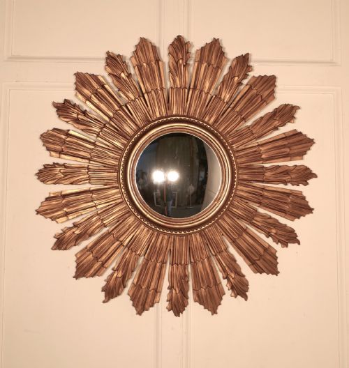 fig 2. French Carved Wood Art Deco Odeon Style Sunburst-Starburst Convex Gilt Mirror