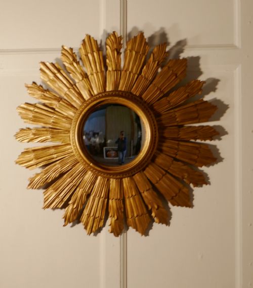 French Carved Wood Art Deco Odeon Style Sunburst-starburst Convex Gilt Mirror