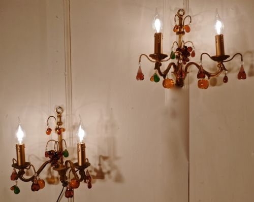 Pair of French Twin Wall Lights Hung with Crystal Fruit