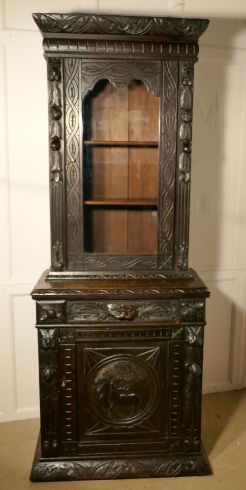 Early Victorian Carved Gothic Oak Alcove Bookcase,