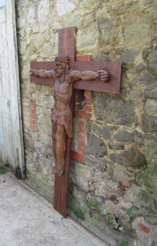 A Large Carved Wooden Crucifix,  French Cross