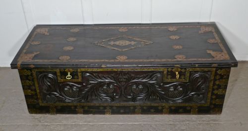 Large North African Carved and Brass Decorated Coffer