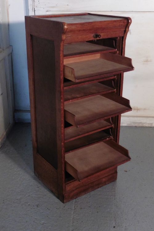 fig 1. Tambour Fronted Oak Art Deco Filing Cabinet, with Slide Shelves 