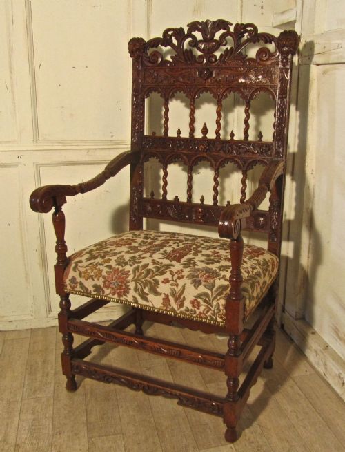 French 19th Century Carved Oak Arm Chair, Throne or Hall Chair