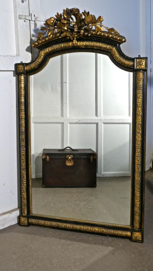 Large French Napoleon III Ebonised and Gilt Wall Mirror, Torch and Quiver Crest