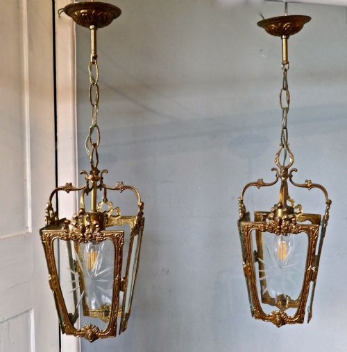fig 1. A Pair of  Superb Quality French Rocco Brass and Etched Glass Lantern Hall Lights
