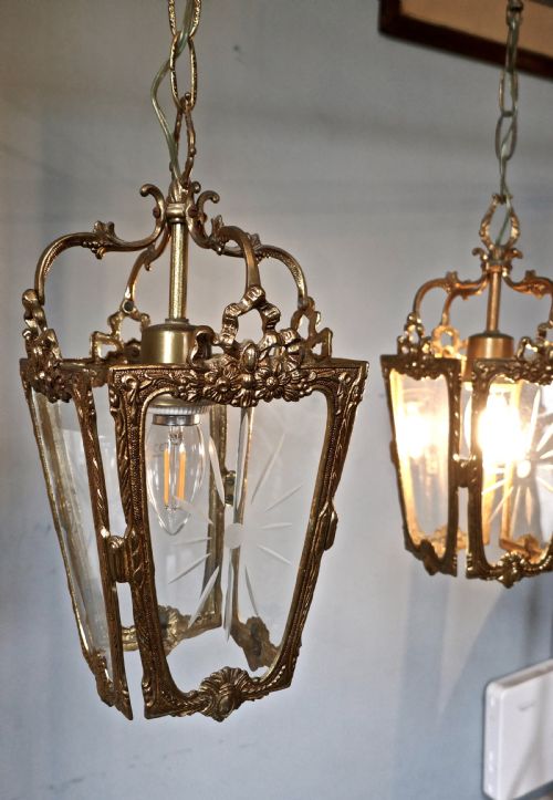 fig 2. A Pair of  Superb Quality French Rocco Brass and Etched Glass Lantern Hall Lights