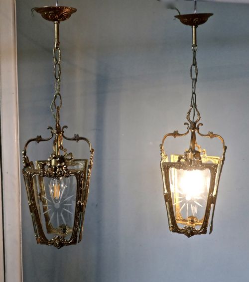 A Pair of  Superb Quality French Rocco Brass and Etched Glass Lantern Hall Lights