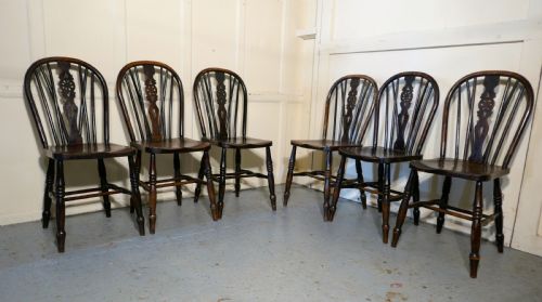 A Set of 6 Early Victorian Beech & Elm Wheel Back Kitchen Chairs