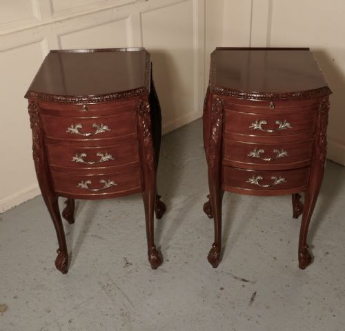 Pair of French Walnut and Ormolu 3 Drawer Bedside Cabinets