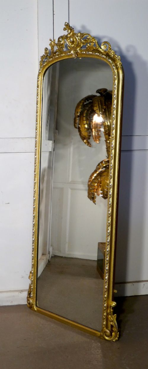 Tall French 19th Century Louis Philippe Wall Mirror Decorated in Silver and Gold
