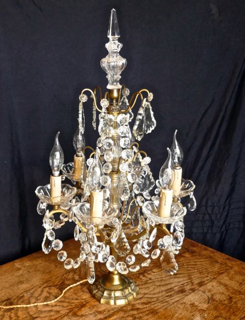 French Brass and Crystal 6 Branch Chandelier Table Lamp, Girandole