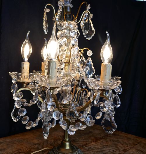 fig 1. French Brass and Crystal 6 Branch Chandelier Table Lamp, Girandole
