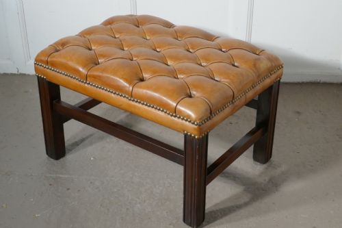 Deeply Buttoned Chesterfield Tan Leather Library Stool