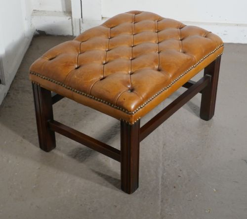 fig 1. Deeply Buttoned Chesterfield Tan Leather Library Stool